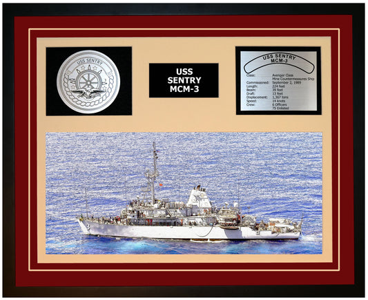USS SENTRY MCM-3 Framed Navy Ship Display Burgundy