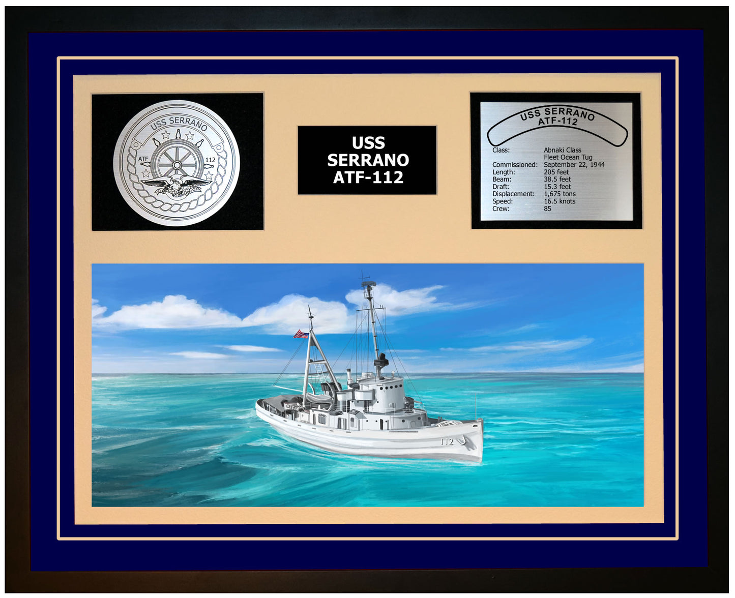 USS SERRANO ATF-112 Framed Navy Ship Display Blue