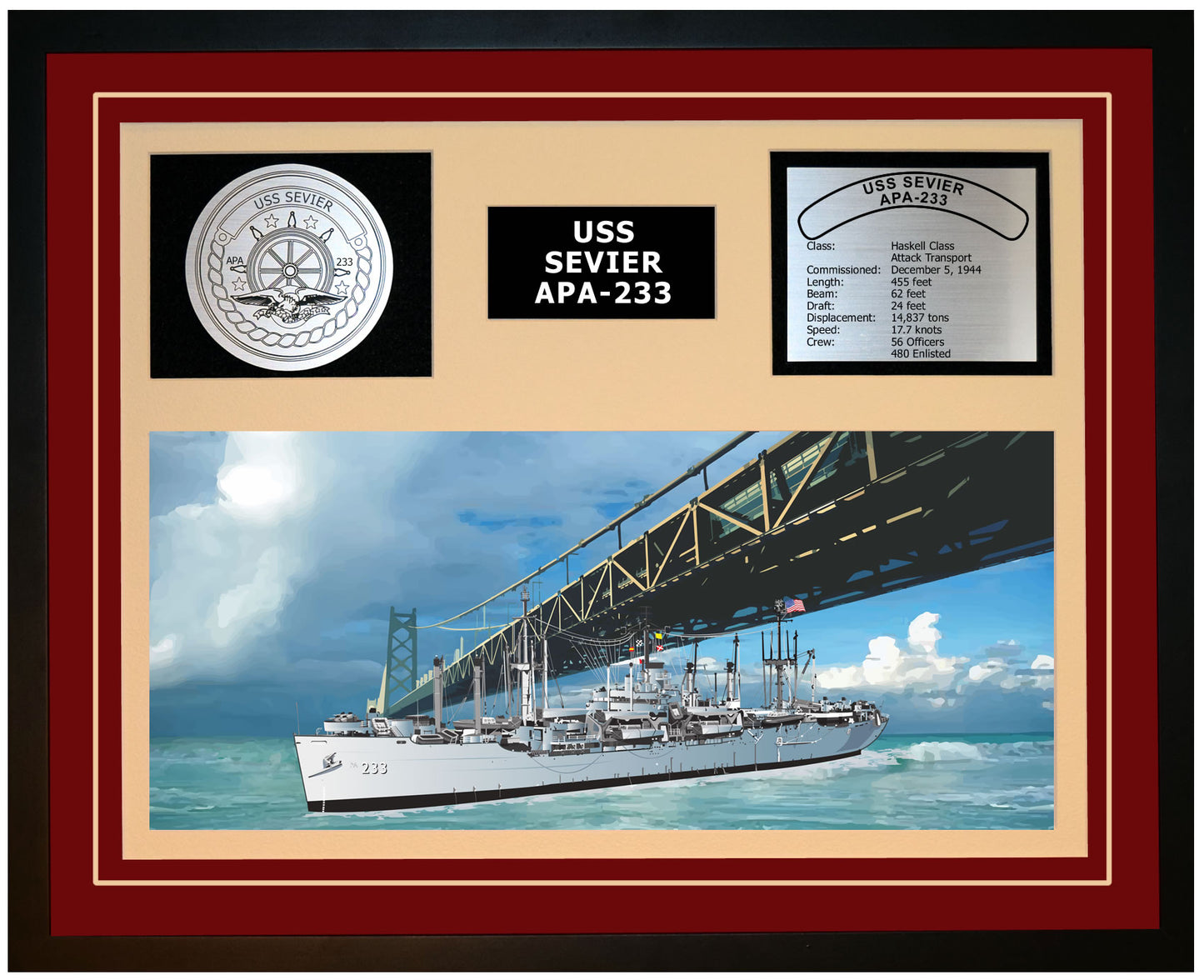 USS SEVIER APA-233 Framed Navy Ship Display Burgundy