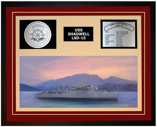 USS SHADWELL LSD-15 Framed Navy Ship Display Burgundy