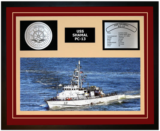 USS SHAMAL PC-13 Framed Navy Ship Display Burgundy