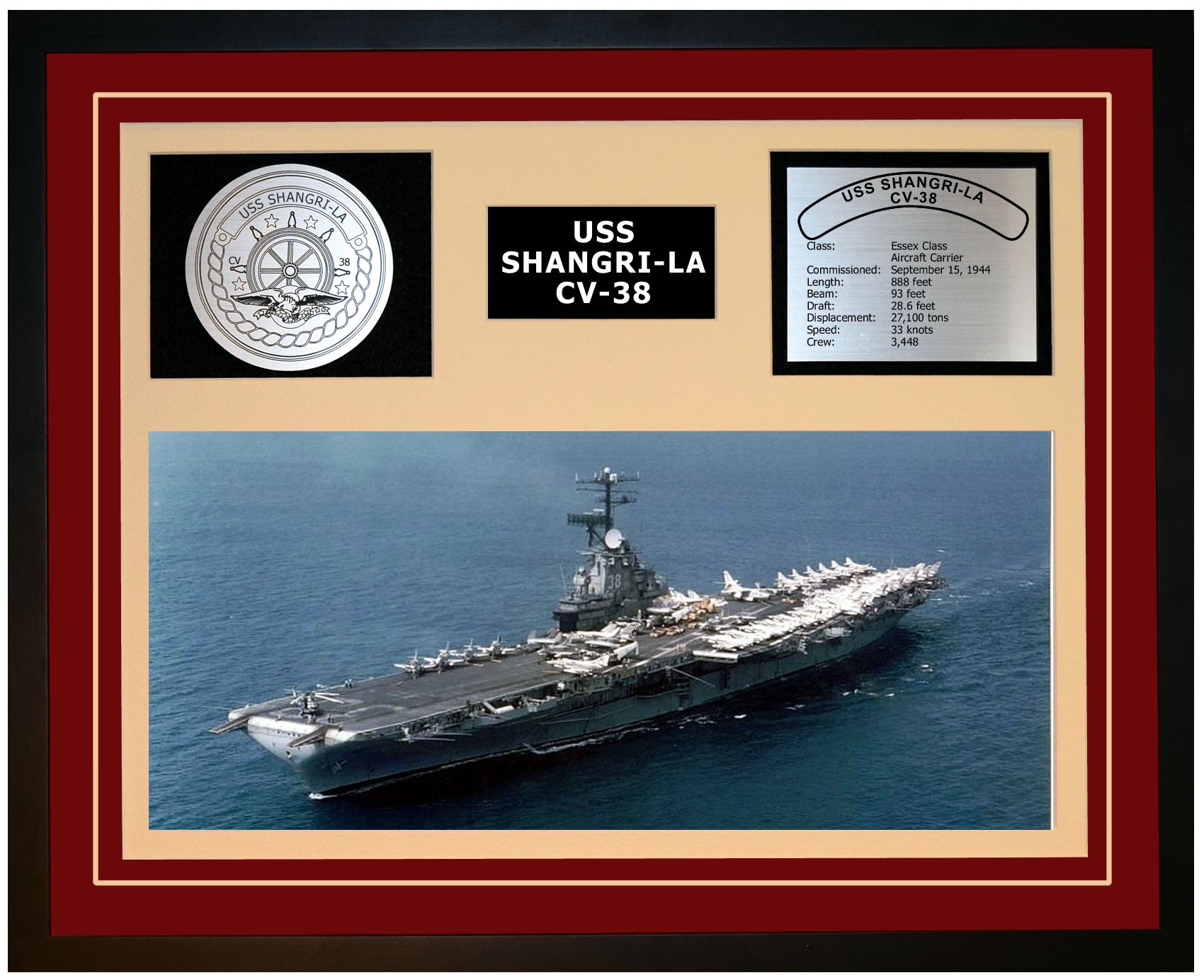 USS SHANGRI-LA CV-38 Framed Navy Ship Display Burgundy