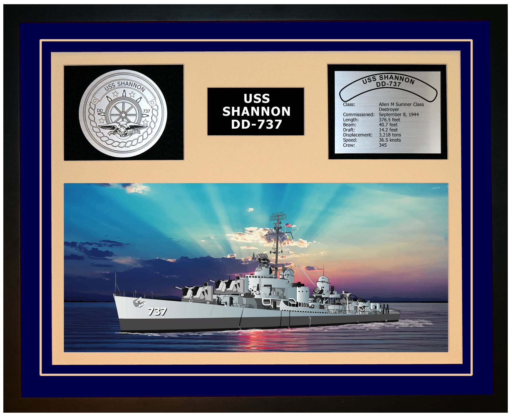 USS SHANNON DD-737 Framed Navy Ship Display Blue