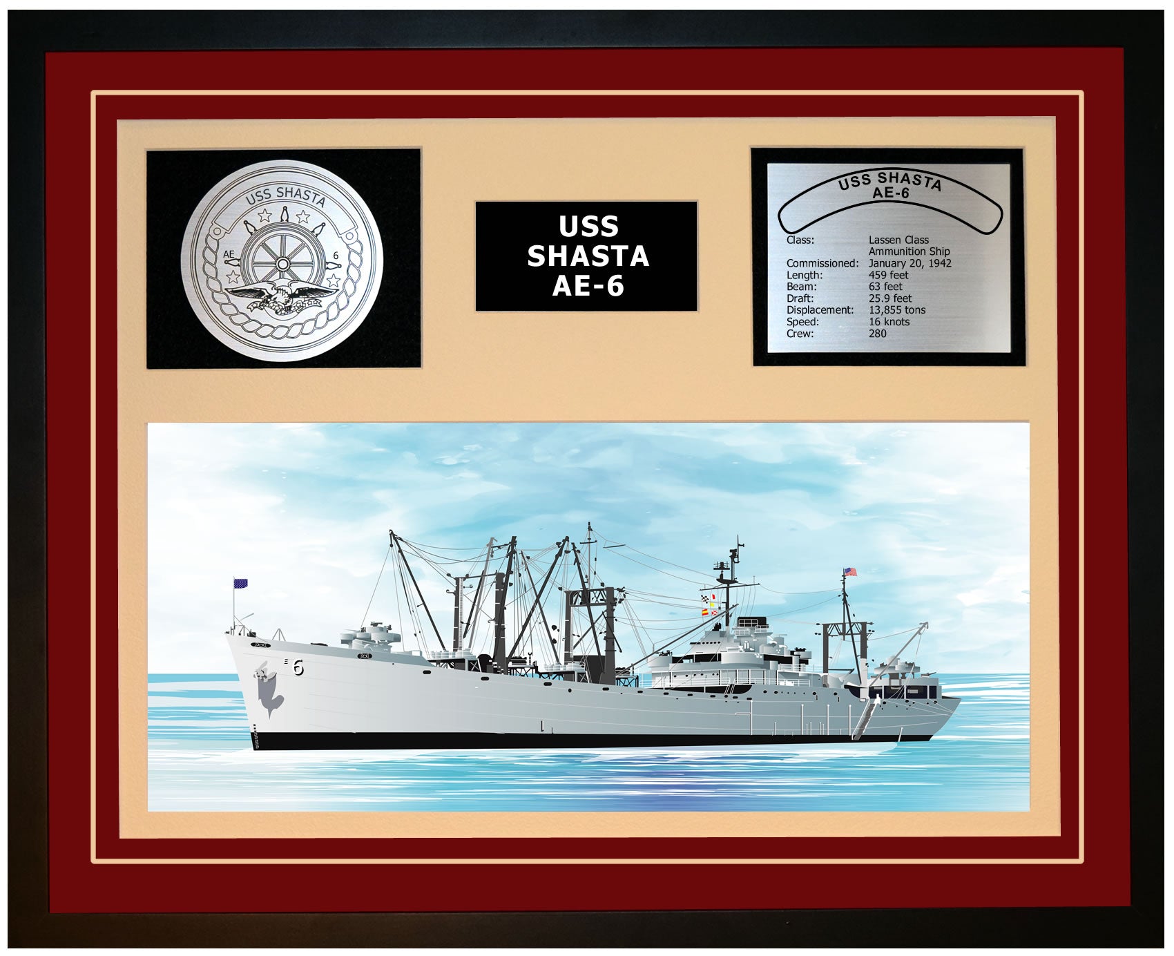 USS SHASTA AE-6 Framed Navy Ship Display Burgundy