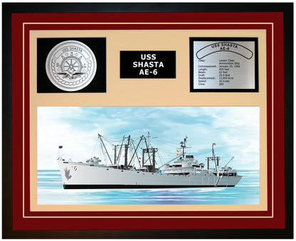 USS SHASTA AE-6 Framed Navy Ship Display Burgundy