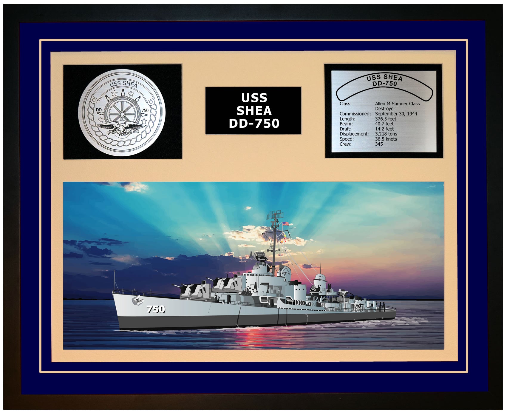 USS SHEA DD-750 Framed Navy Ship Display Blue