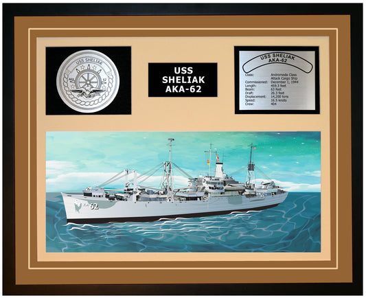 USS SHELIAK AKA-62 Framed Navy Ship Display Brown