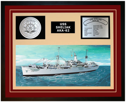 USS SHELIAK AKA-62 Framed Navy Ship Display Burgundy