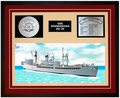 USS SHENANDOAH AD-26 Framed Navy Ship Display Burgundy