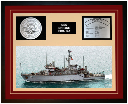 USS SHRIKE MHC-62 Framed Navy Ship Display Burgundy