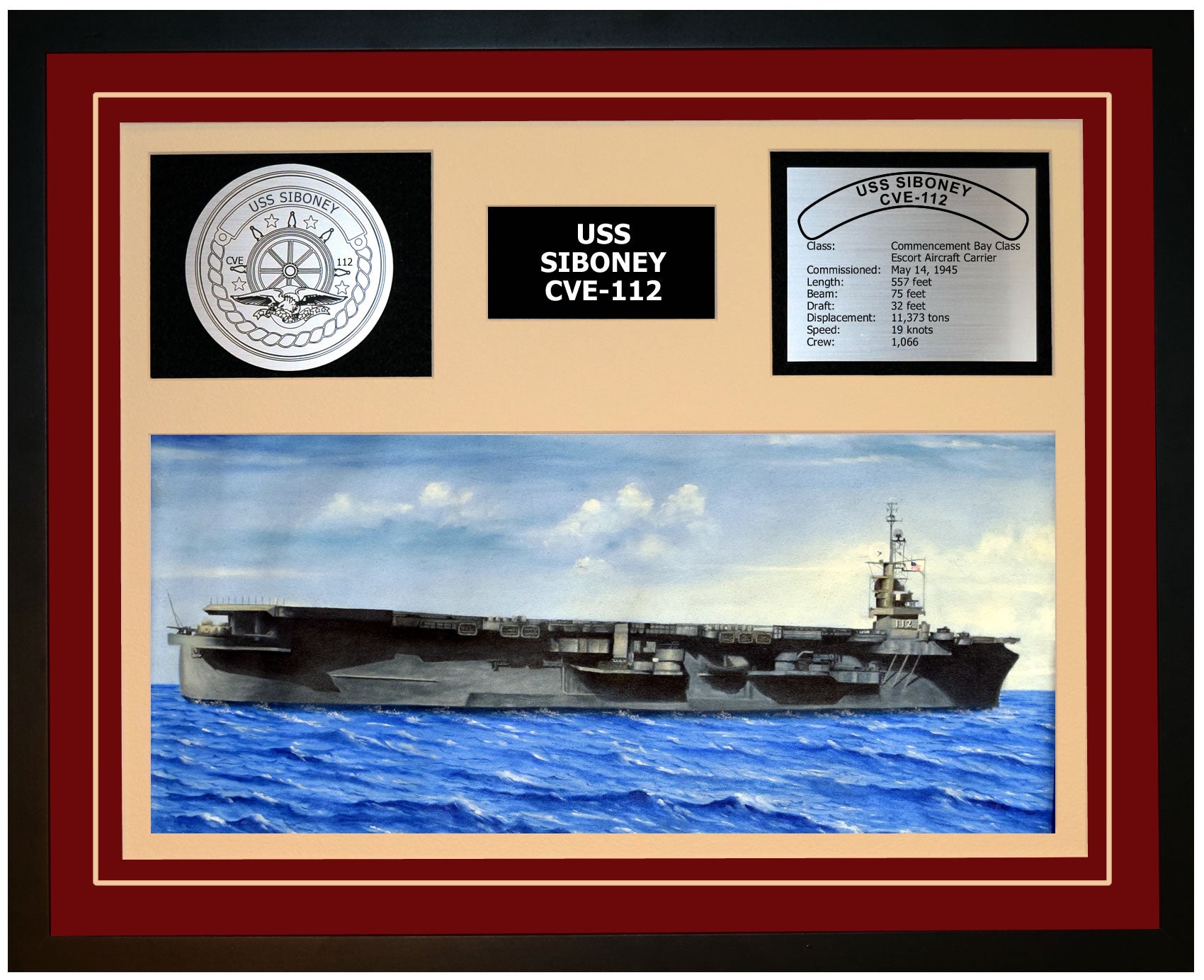 USS SIBONEY CVE-112 Framed Navy Ship Display Burgundy