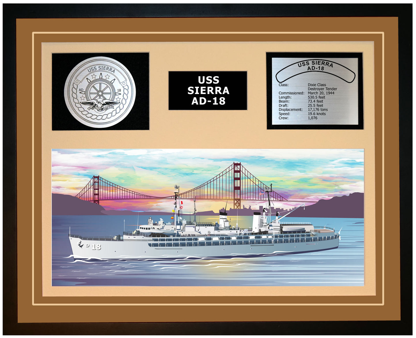 USS SIERRA AD-18 Framed Navy Ship Display Brown