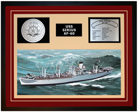 USS SIRIUS AF-60 Framed Navy Ship Display Burgundy