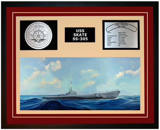USS SKATE SS-305 Framed Navy Ship Display Burgundy