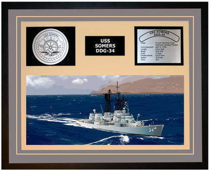 USS SOMERS DDG-34 Framed Navy Ship Display Grey