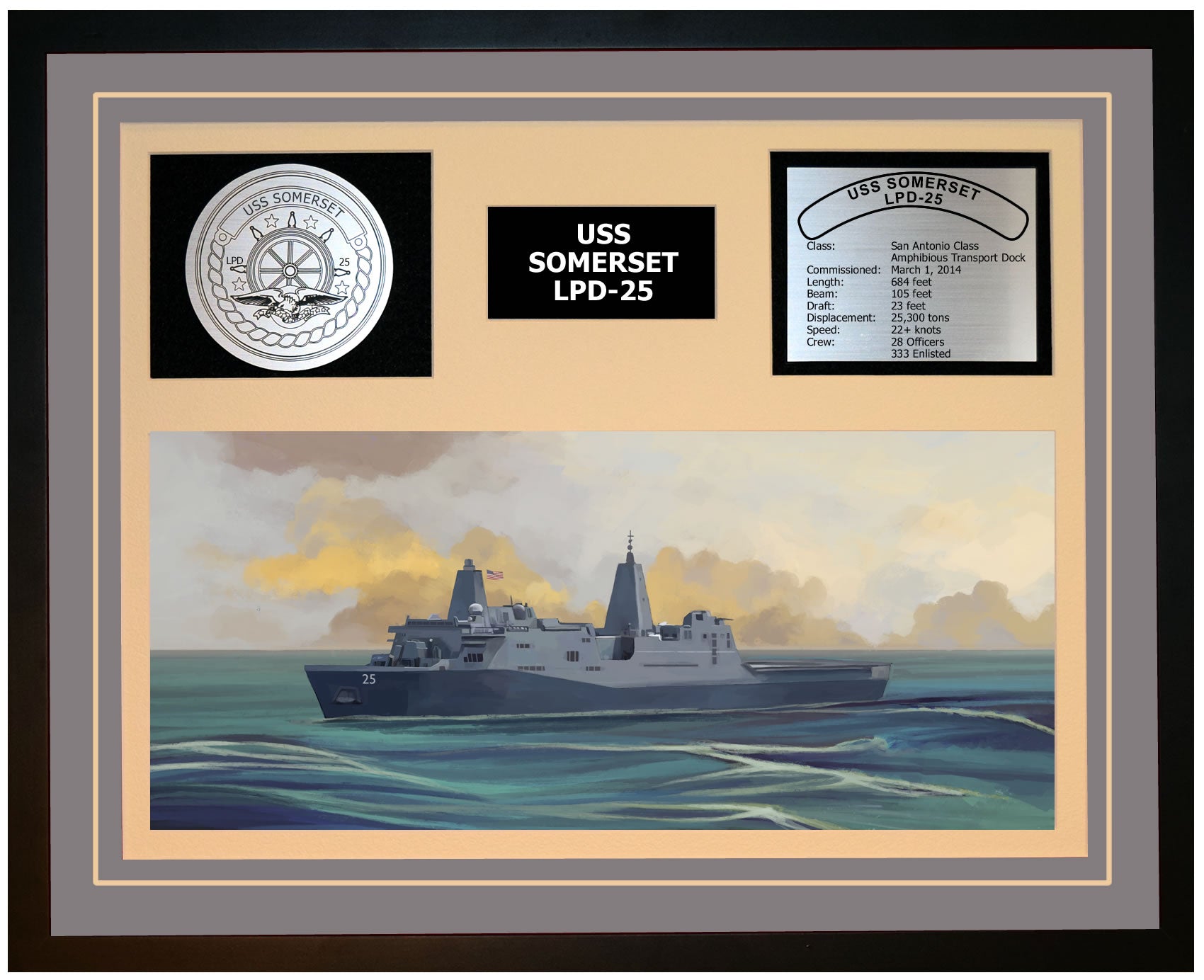 USS SOMERSET LPD-25 Framed Navy Ship Display Grey