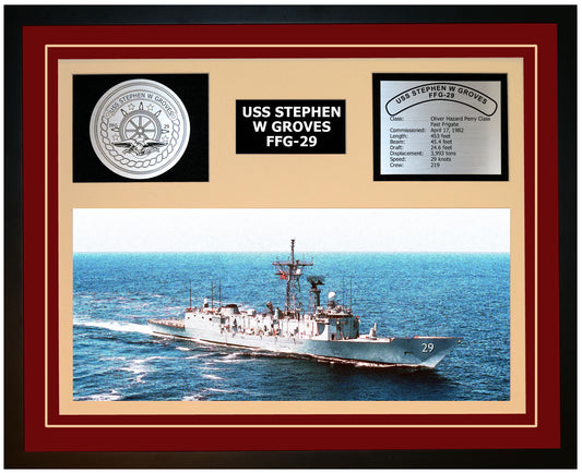 USS STEPHEN W GROVES FFG-29 Framed Navy Ship Display Burgundy