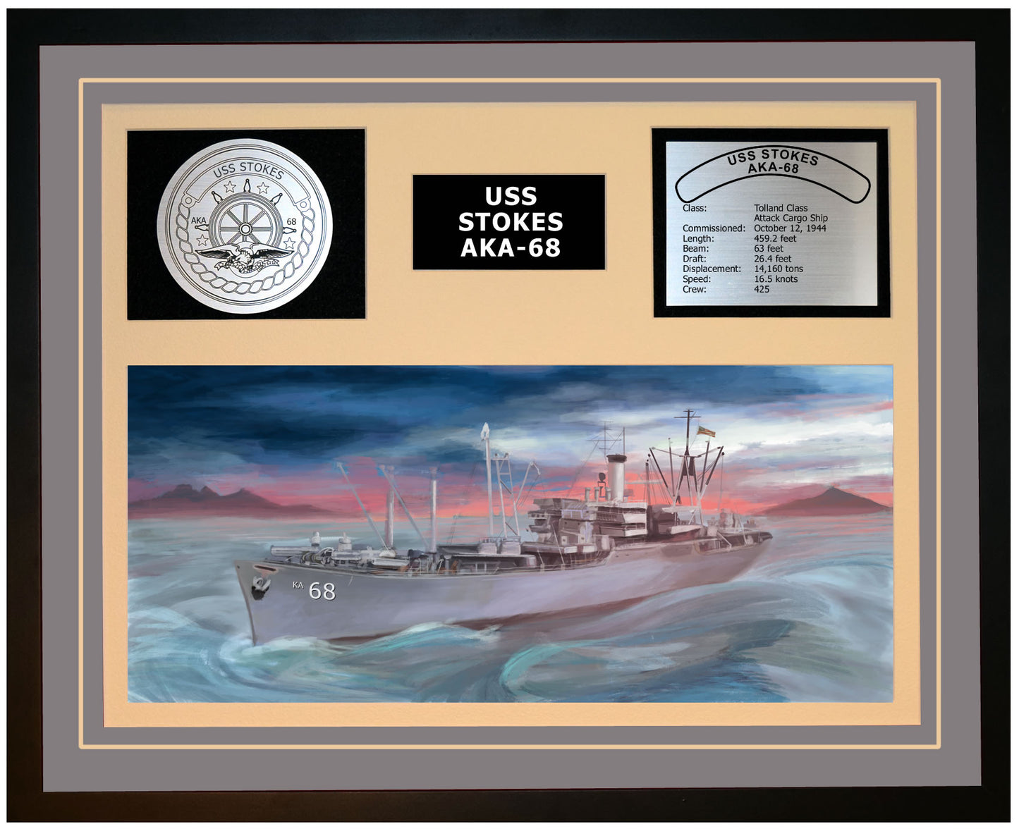 USS STOKES AKA-68 Framed Navy Ship Display Grey