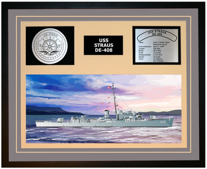 USS STRAUS DE-408 Framed Navy Ship Display Grey