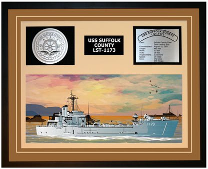 USS SUFFOLK COUNTY LST-1173 Framed Navy Ship Display Brown