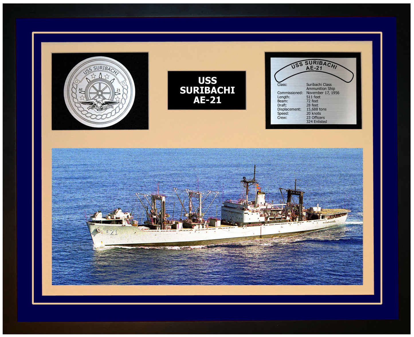 USS SURIBACHI AE-21 Framed Navy Ship Display Blue