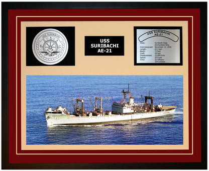 USS SURIBACHI AE-21 Framed Navy Ship Display Burgundy