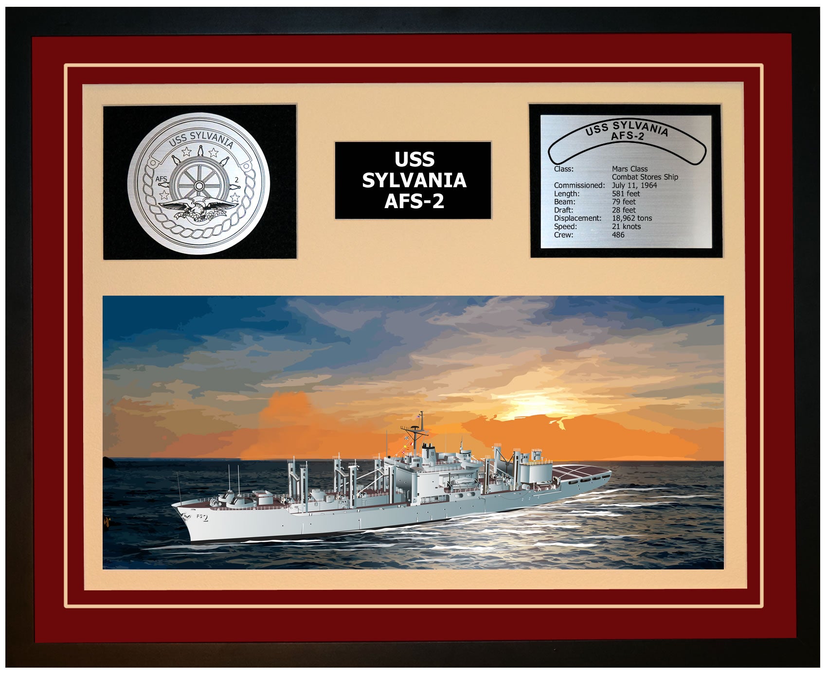 USS SYLVANIA AFS-2 Framed Navy Ship Display Burgundy