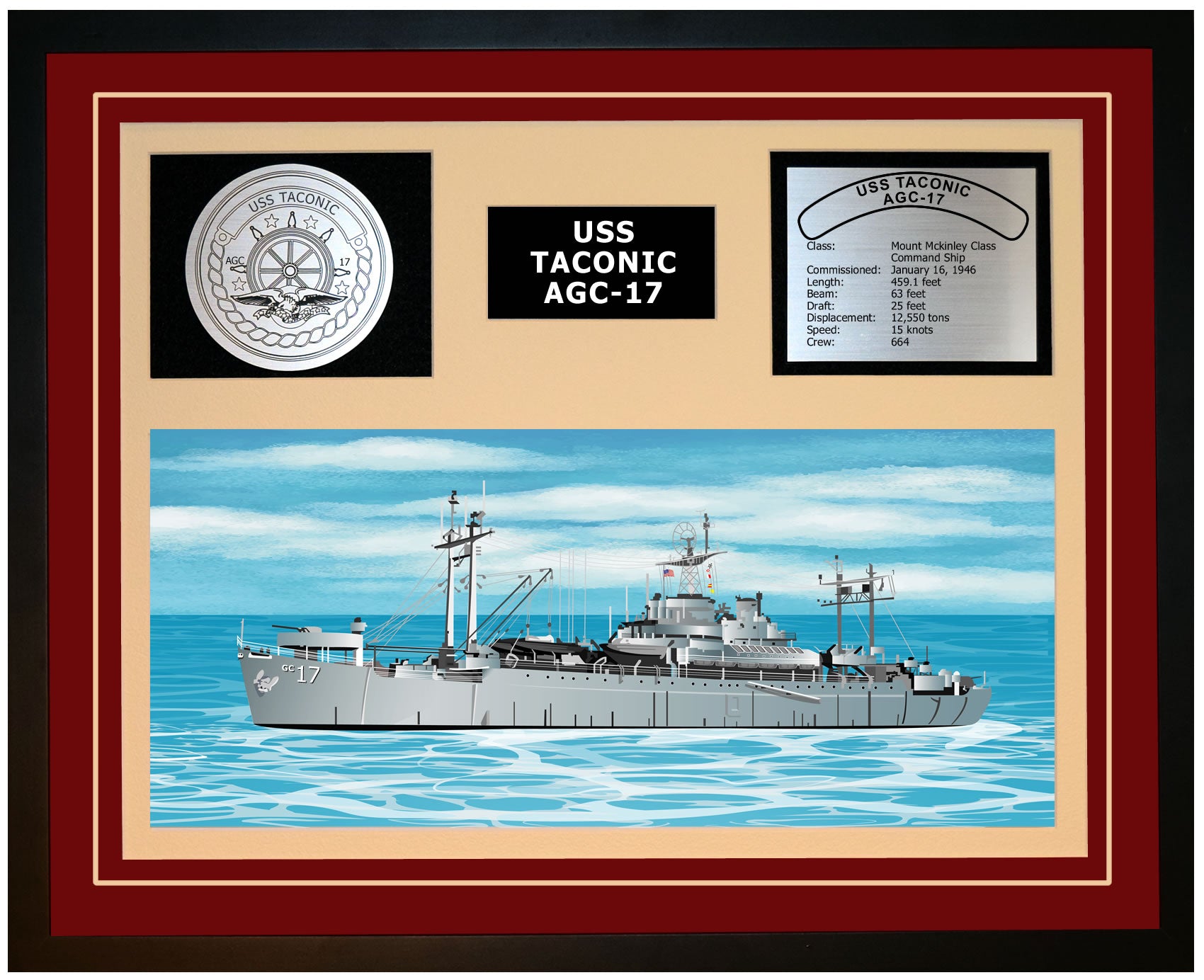 USS TACONIC AGC-17 Framed Navy Ship Display Burgundy