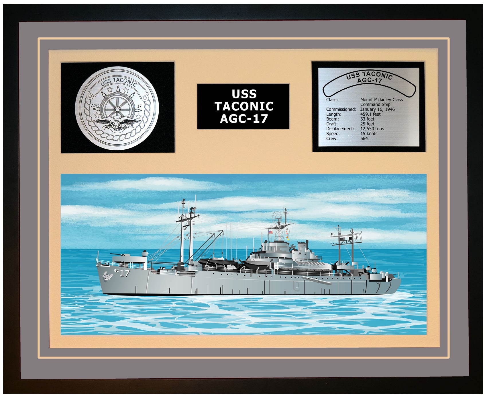 USS TACONIC AGC-17 Framed Navy Ship Display Grey