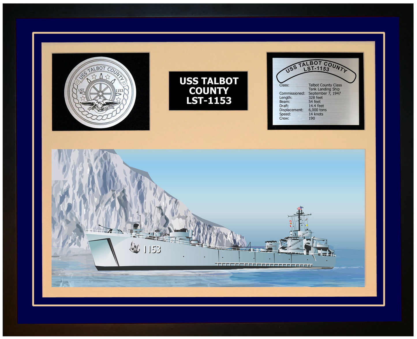 USS TALBOT COUNTY LST-1153 Framed Navy Ship Display Blue
