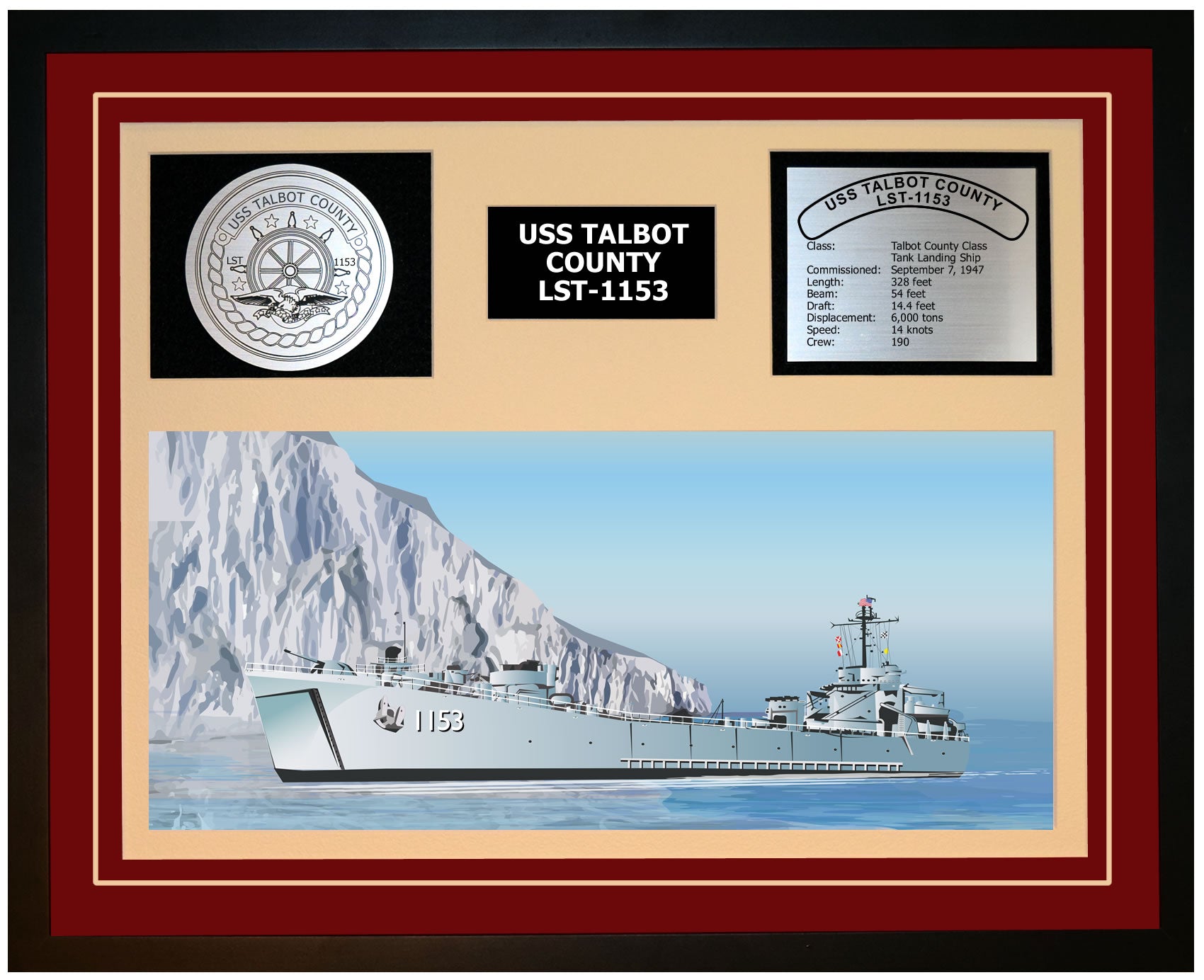 USS TALBOT COUNTY LST-1153 Framed Navy Ship Display Burgundy