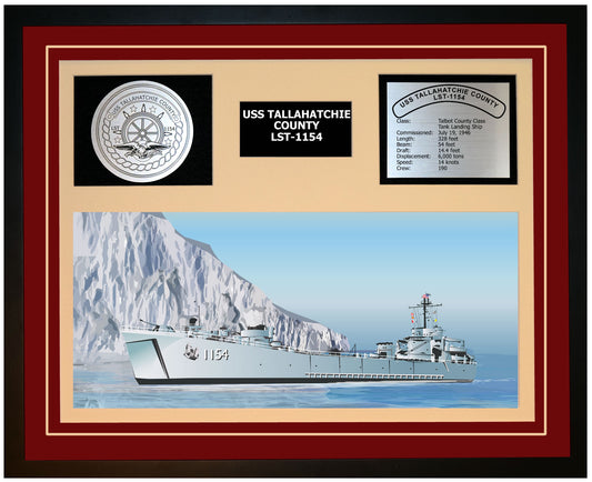 USS TALLAHATCHIE COUNTY LST-1154 Framed Navy Ship Display Burgundy