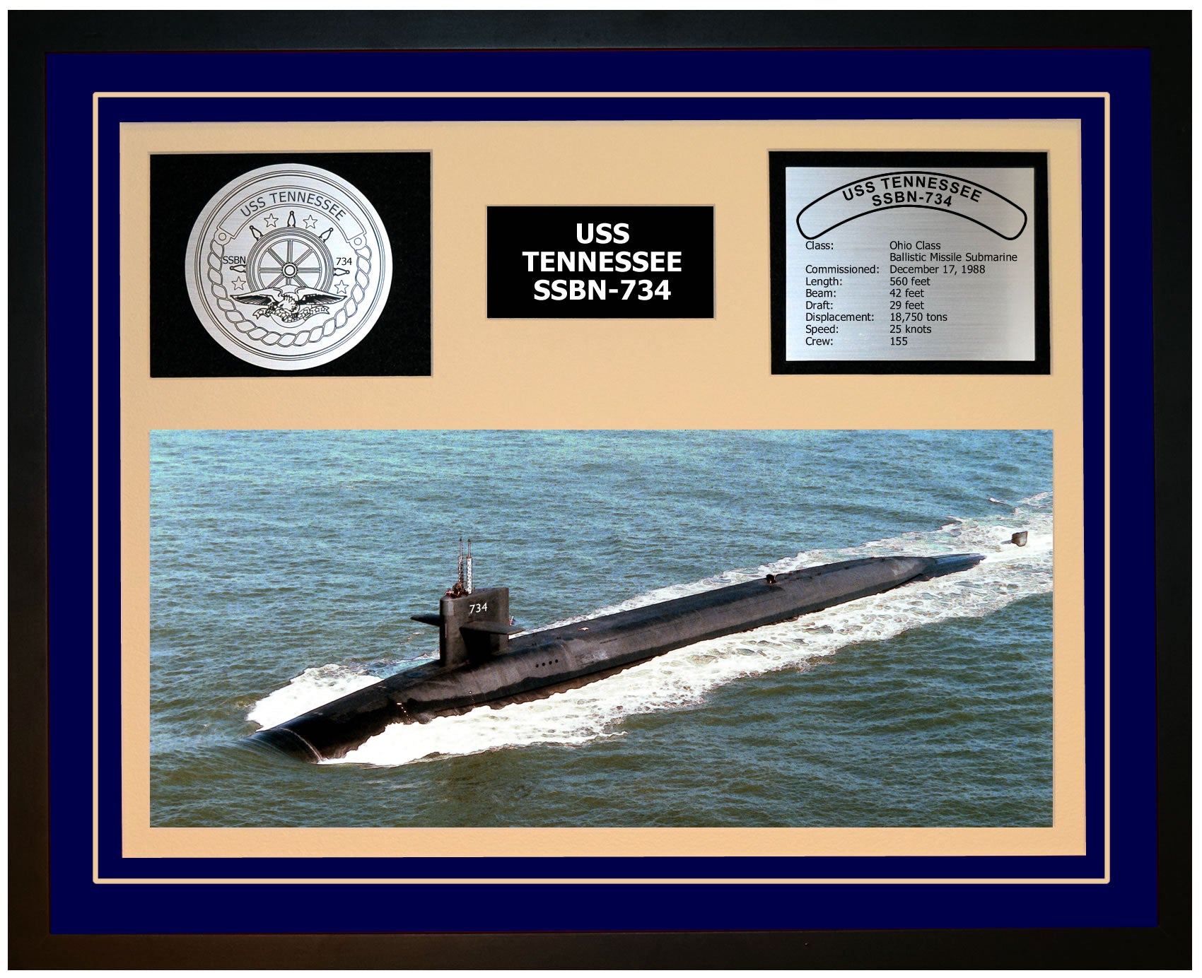 USS TENNESSEE SSBN-734 Framed Navy Ship Display Blue