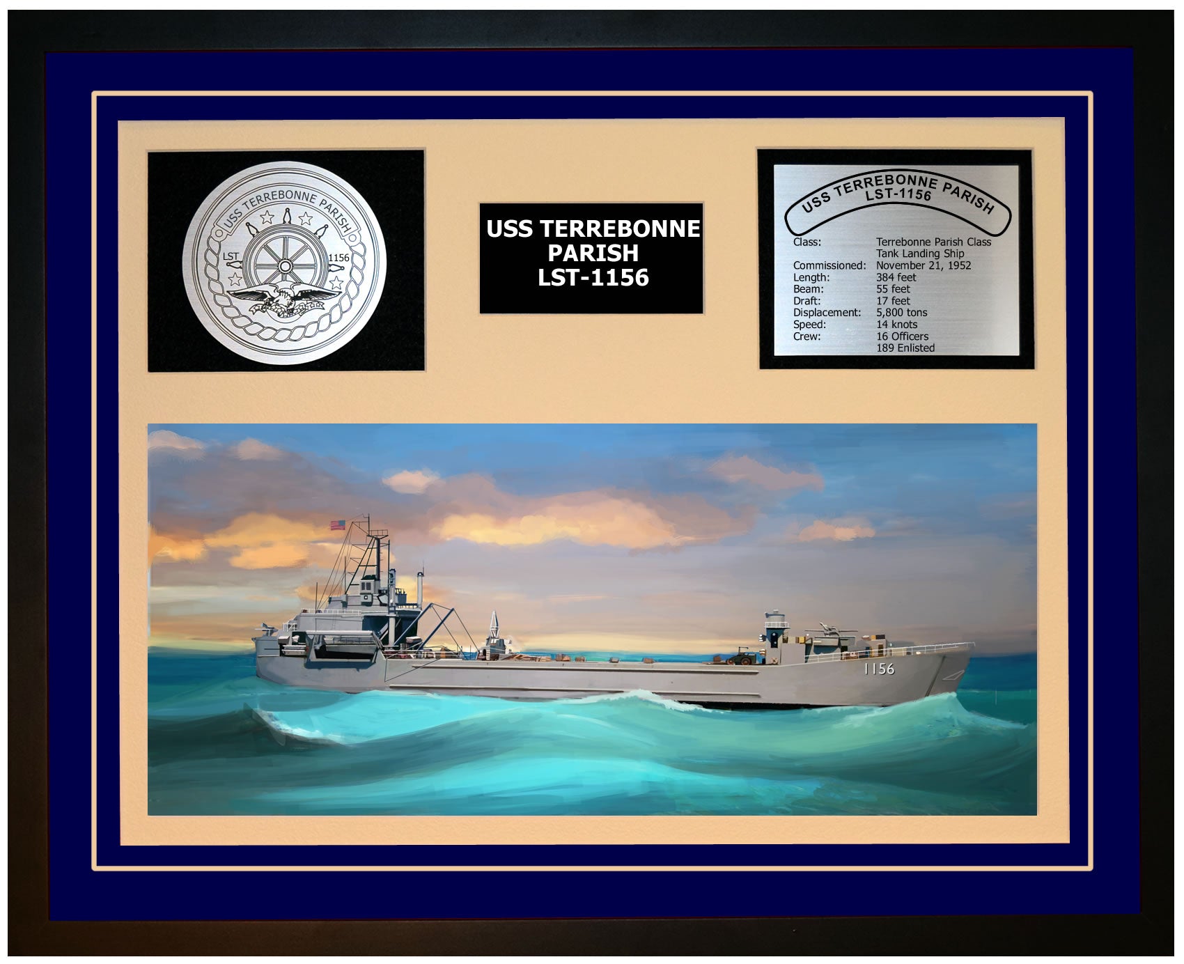 USS TERREBONNE PARISH LST-1156 Framed Navy Ship Display Blue
