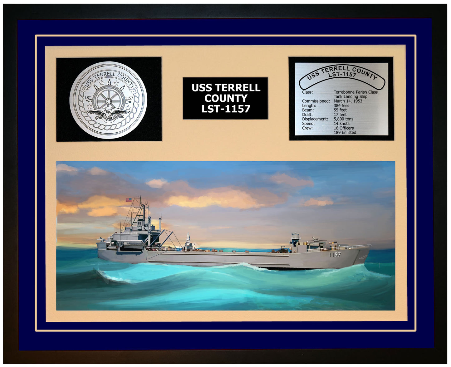 USS TERRELL COUNTY LST-1157 Framed Navy Ship Display Blue