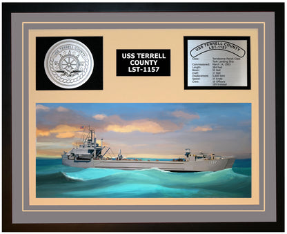 USS TERRELL COUNTY LST-1157 Framed Navy Ship Display Grey