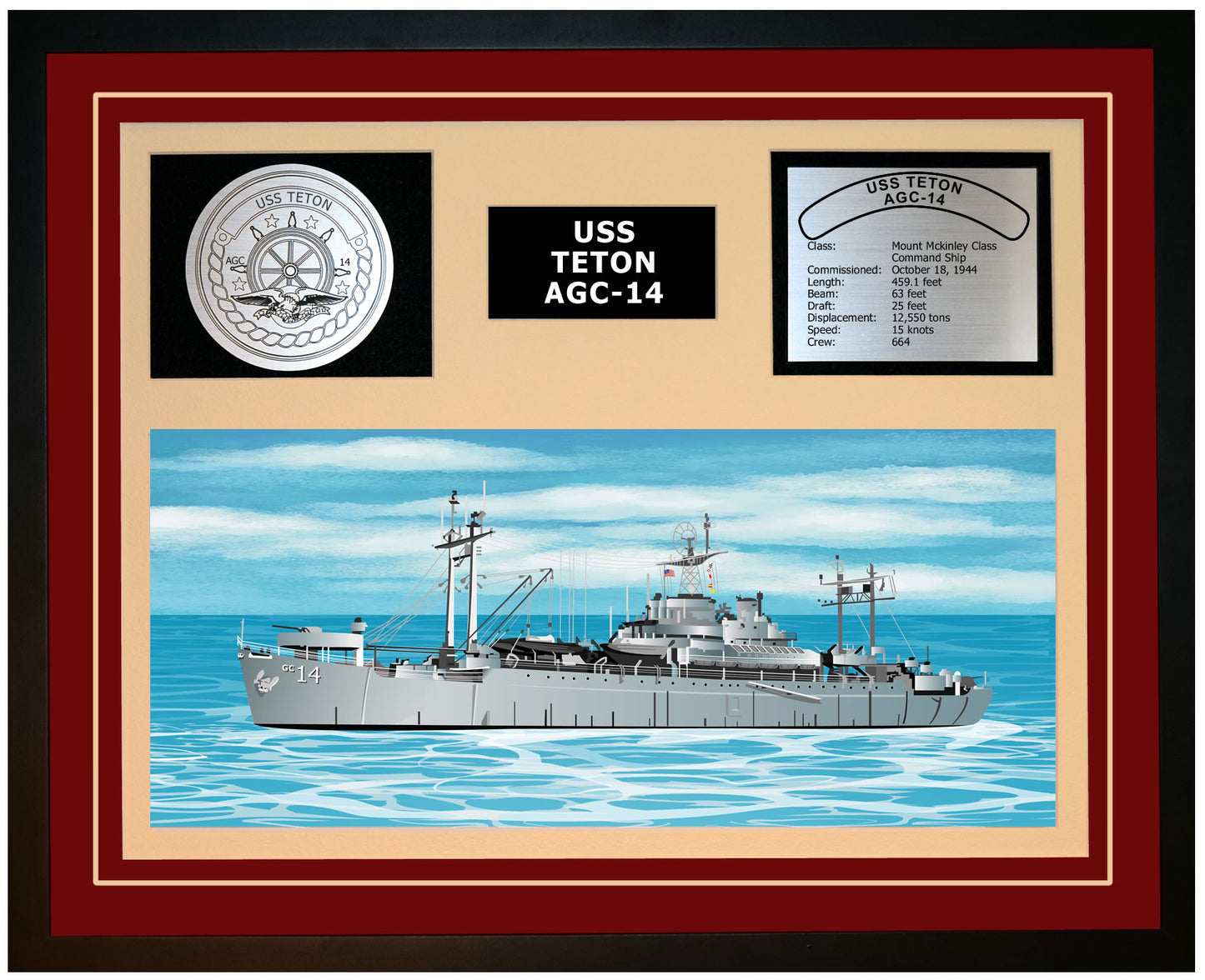 USS TETON AGC-14 Framed Navy Ship Display Burgundy