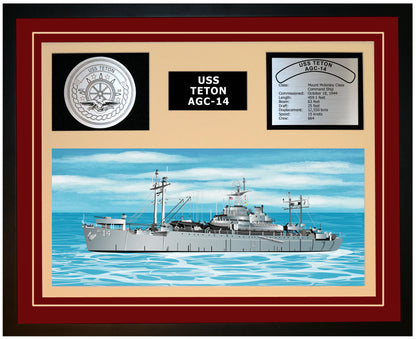USS TETON AGC-14 Framed Navy Ship Display Burgundy