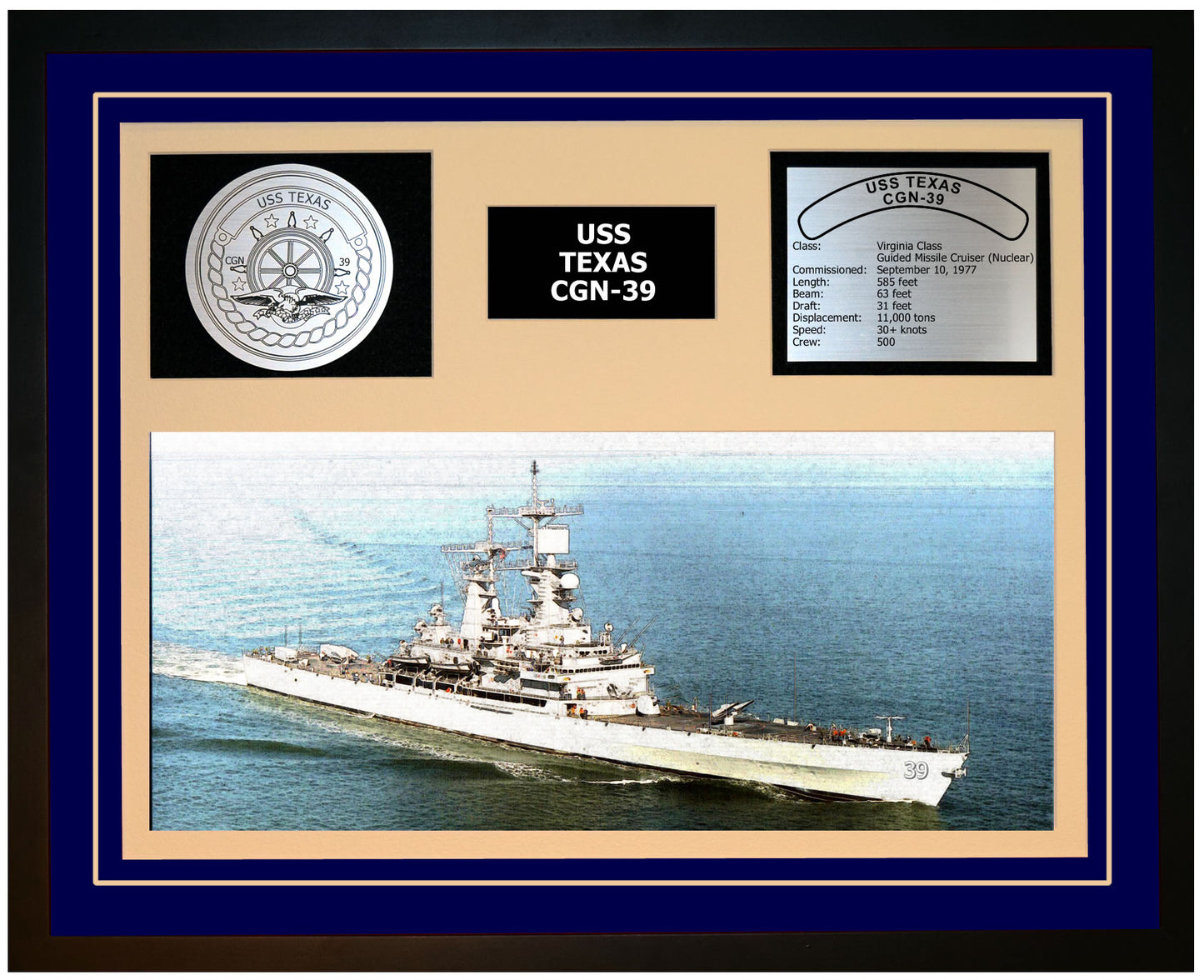 USS TEXAS CGN-39 Framed Navy Ship Display Blue
