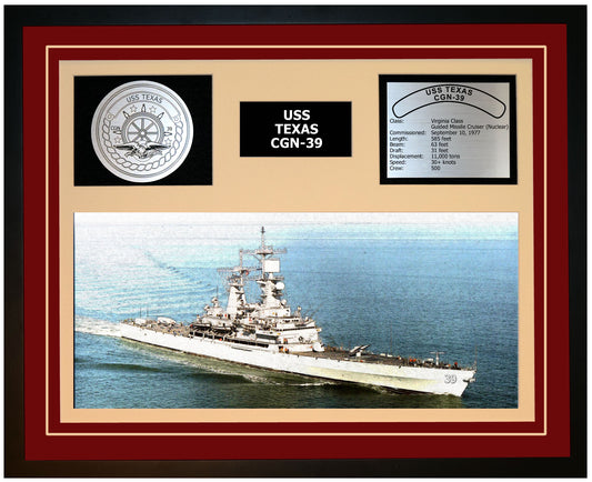 USS TEXAS CGN-39 Framed Navy Ship Display Burgundy