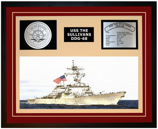 USS THE SULLIVANS DDG-68 Framed Navy Ship Display Burgundy