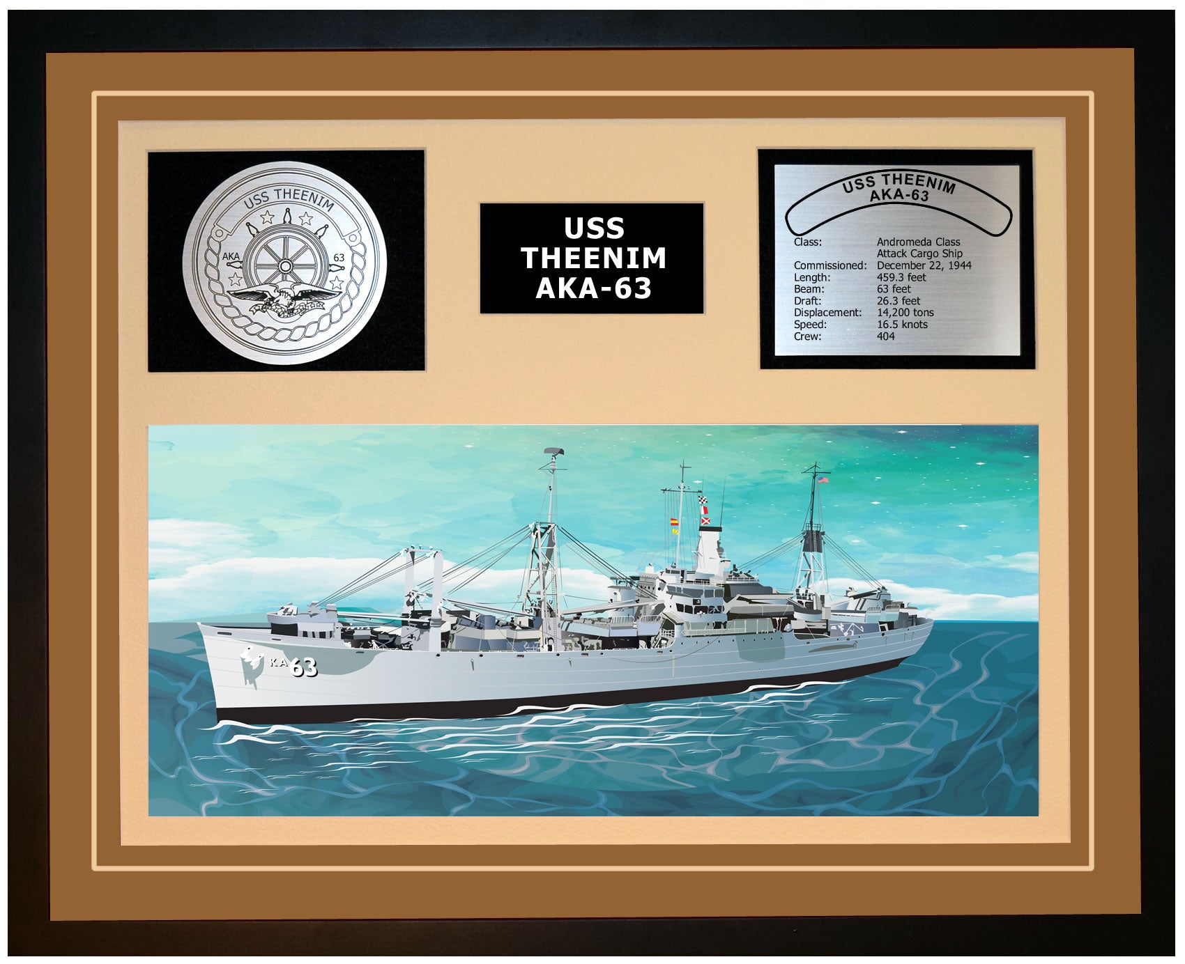 USS THEENIM AKA-63 Framed Navy Ship Display Brown