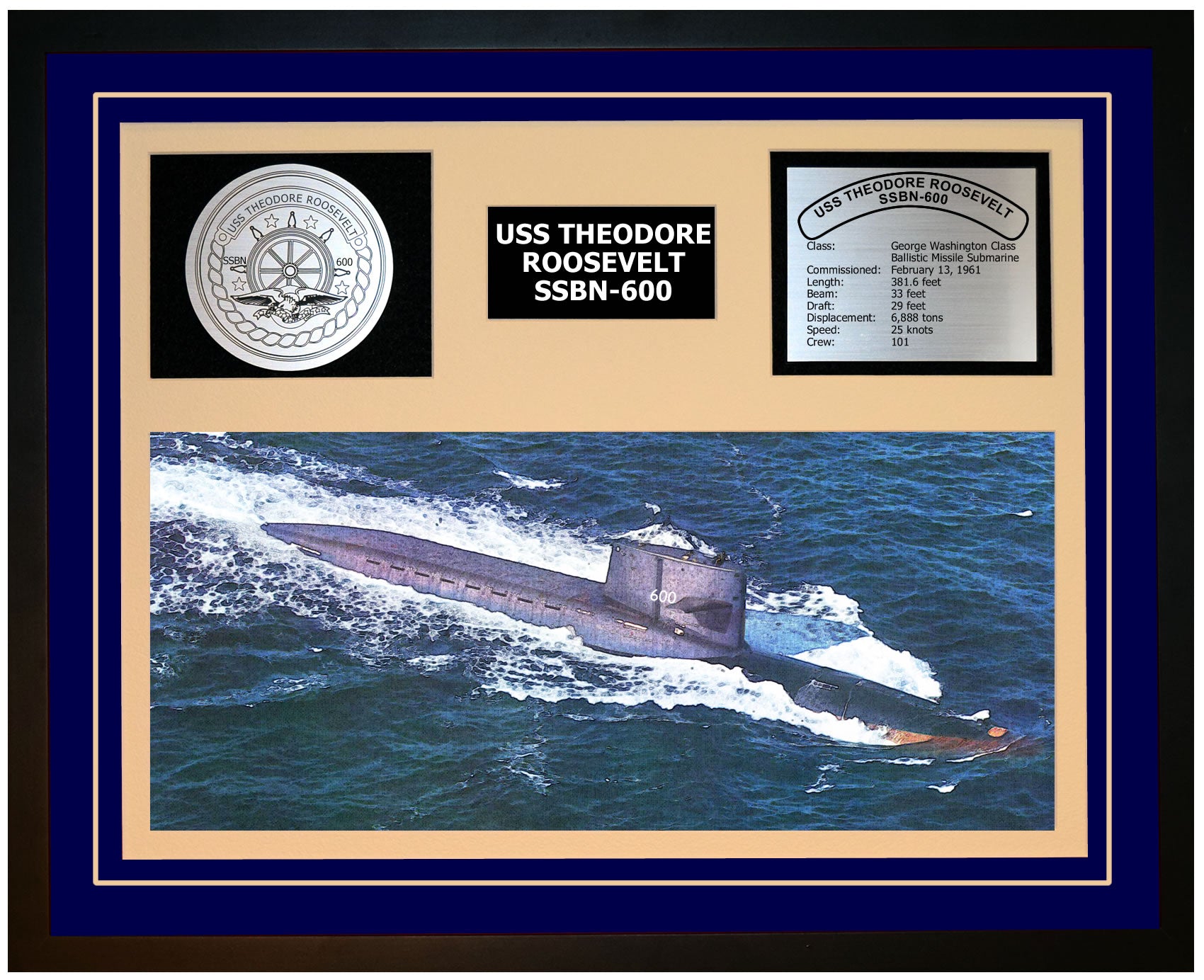 USS THEODORE ROOSEVELT SSBN-600 Framed Navy Ship Display Blue