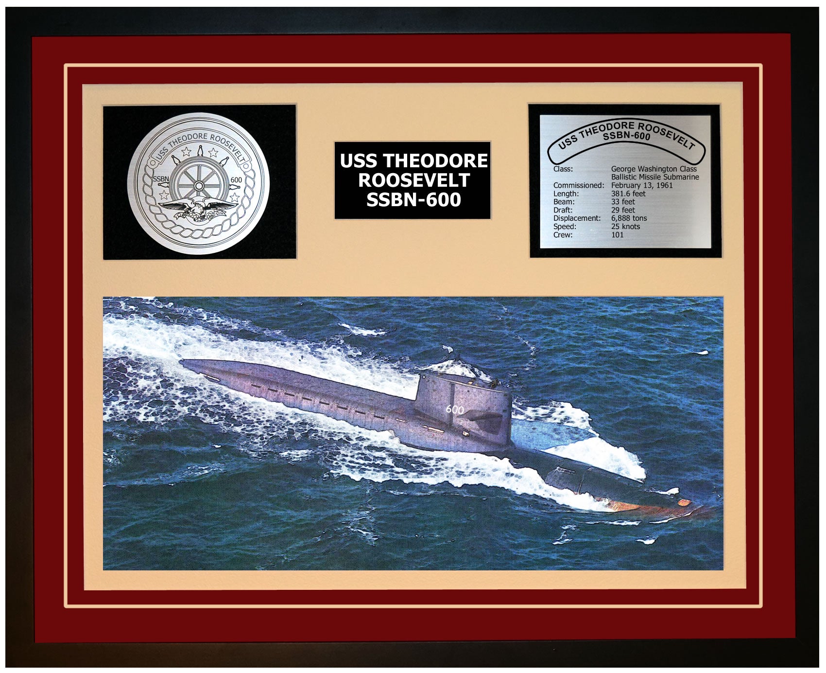 USS THEODORE ROOSEVELT SSBN-600 Framed Navy Ship Display Burgundy