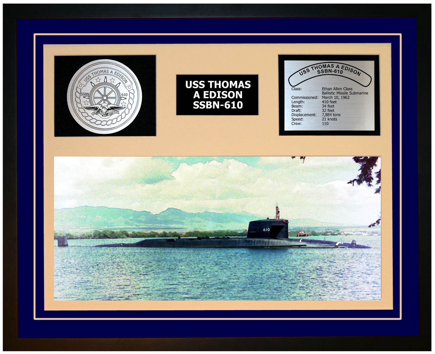 USS THOMAS A EDISON SSBN-610 Framed Navy Ship Display Blue