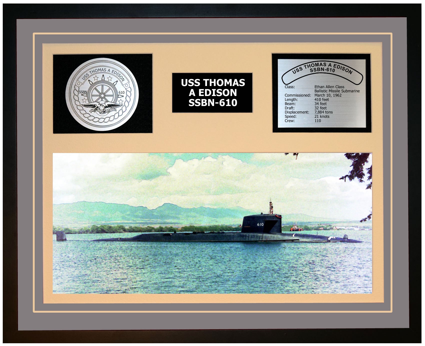 USS THOMAS A EDISON SSBN-610 Framed Navy Ship Display Grey