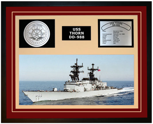 USS THORN DD-988 Framed Navy Ship Display Burgundy