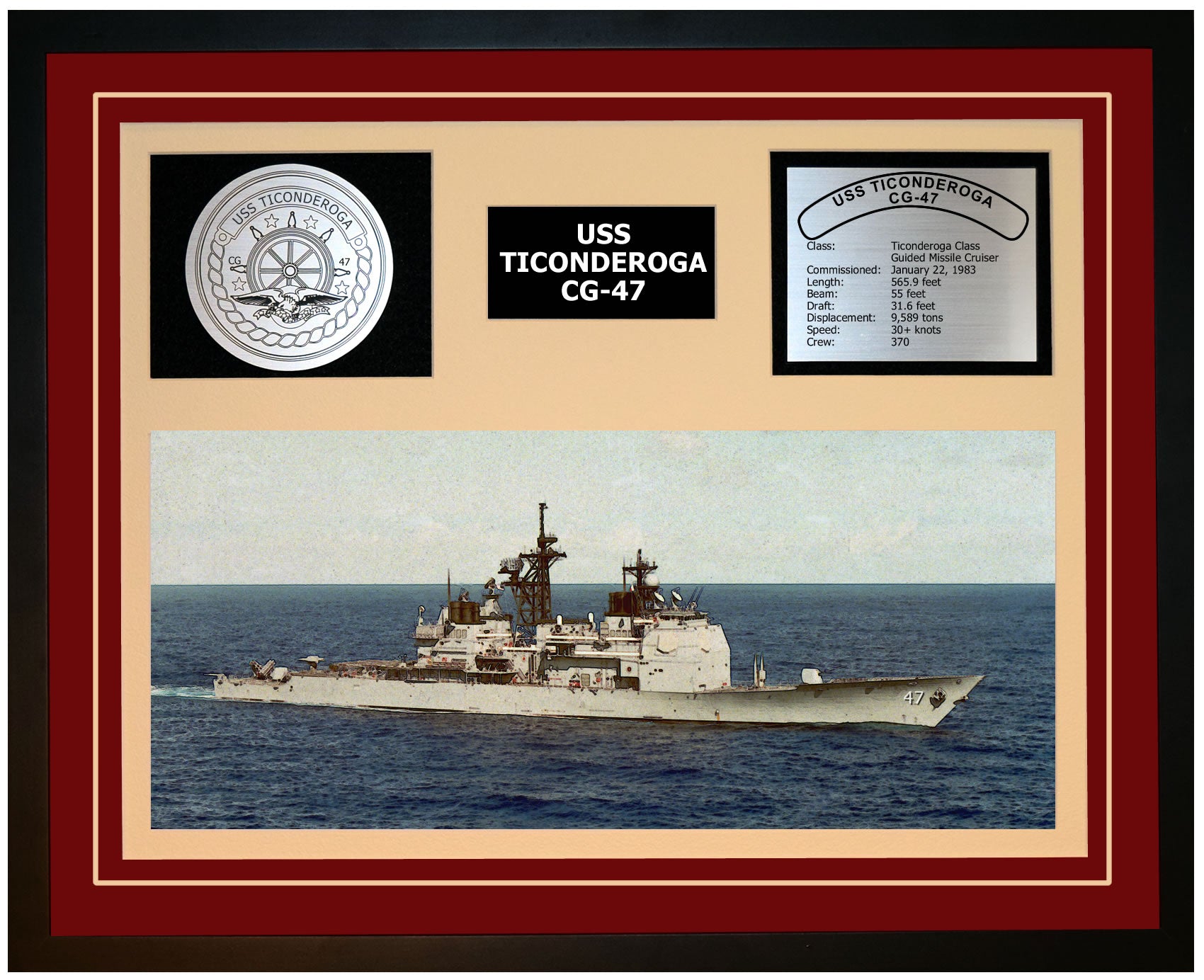 USS TICONDEROGA CG-47 Framed Navy Ship Display Burgundy