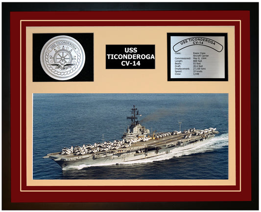 USS TICONDEROGA CV-14 Framed Navy Ship Display Burgundy