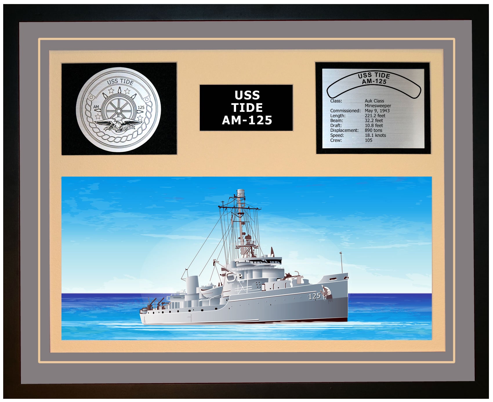 USS TIDE AM-125 Framed Navy Ship Display Grey